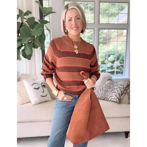 Chic Brown Stripe Turtleneck Sweater for Women - Cozy Fall Winter Knitwear - Picture 2 of 8